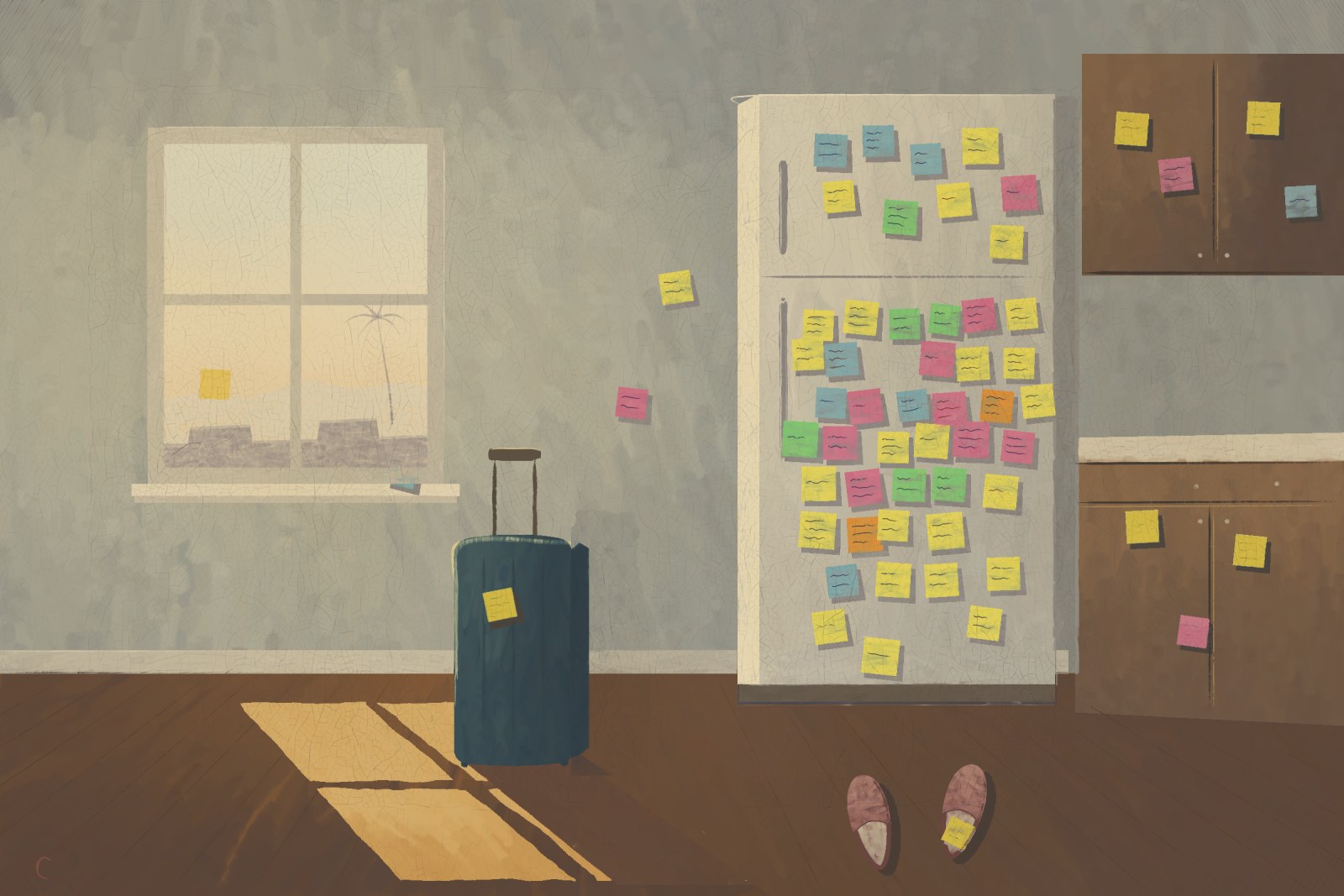 《冰箱门上》:清晨灰蓝色的厨房,冰箱门上贴满了黄的、粉的、蓝的、绿的便利贴,一直贴到墙上、橱柜上和窗玻璃上。窗下的一块阳光里立着一只墨绿色的行李箱,箱子上也贴着一张;近处一双粉色的拖鞋,其中一只里夹着一张黄便利贴。