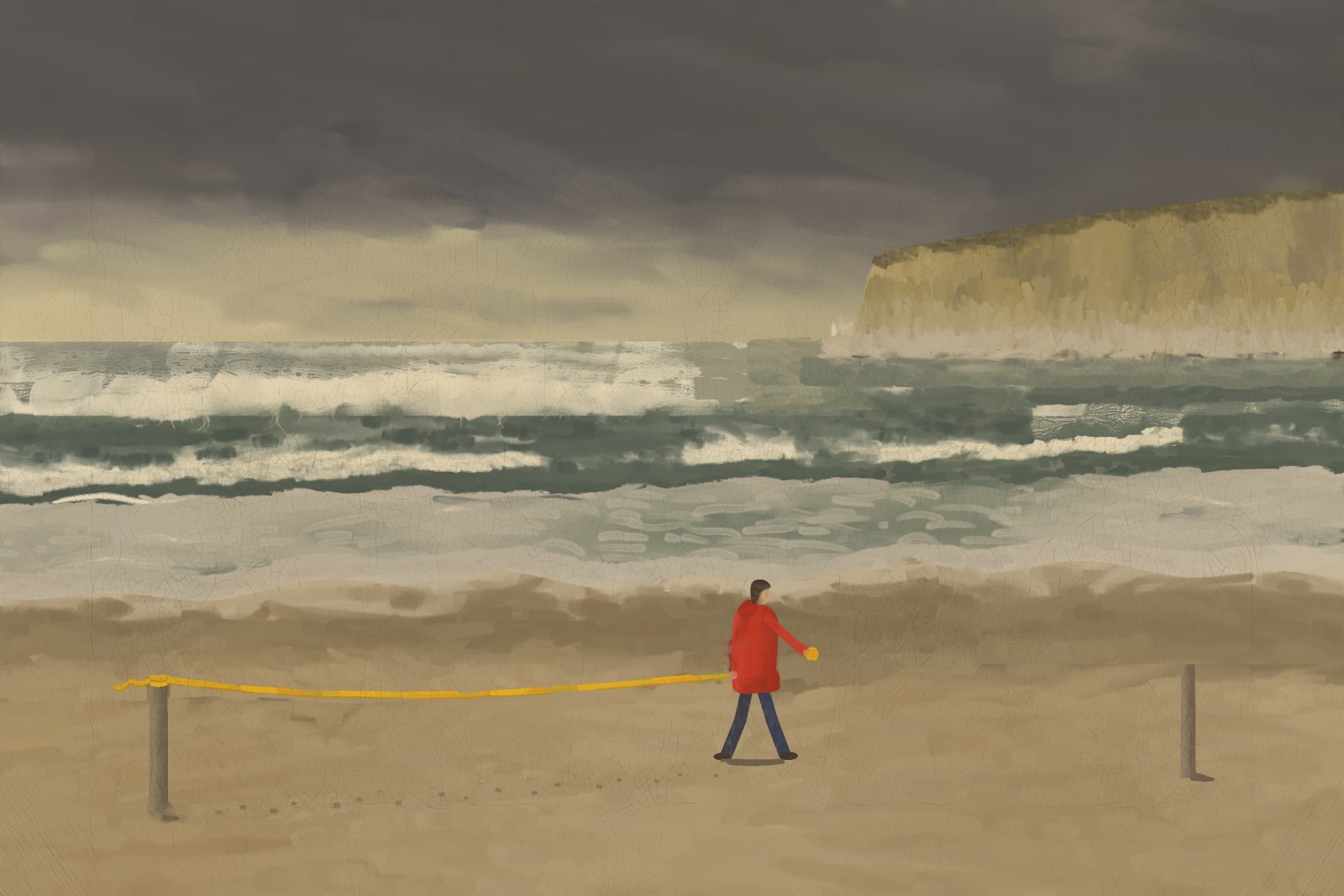 《还没系上的丝带》:暴风雨前的海滩,大浪扑向海岬,穿红衣的救生员把黄色警戒带从一根柱子拉向另一根,带子还没系上。